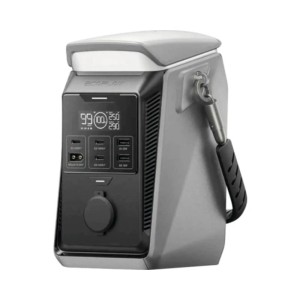 Kompakte EcoFlow Powerstation Trail Plus 300 DC in Grau/Schwarz mit Display, USB- und 12V-Anschlüssen für Camping & Outdoor.
