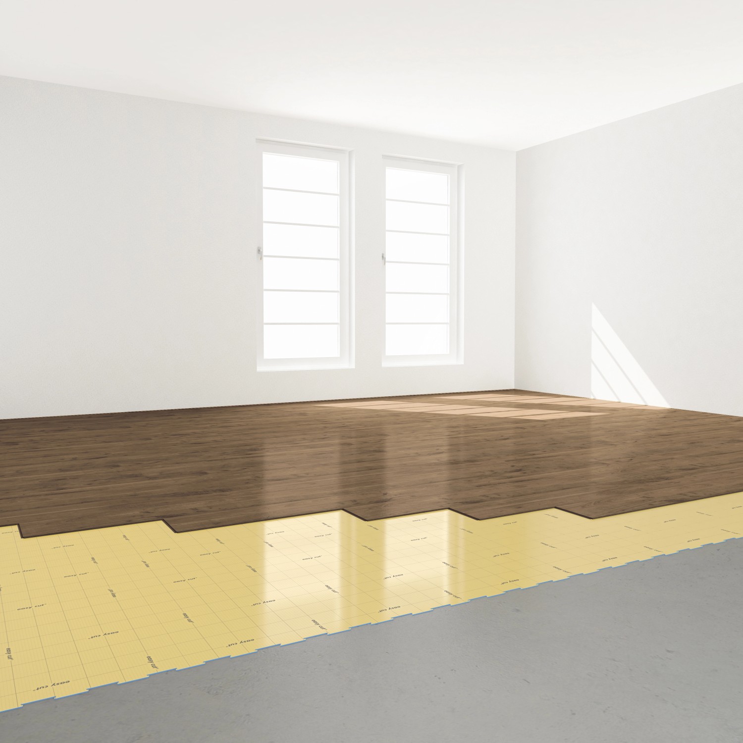 Verlegung der Selitbloc® GripTec Trittschalldämmung unter einem Holzboden in einem Raum.