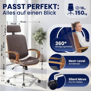 CLP Bürostuhl Dayton Walnuss/Braun: Kunstleder, Holz-Akzente, Chromgestell, Maße, 360° drehbar, PU-Rollen.