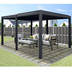 Anthrazitfarbener osoltus Bioclimatic Lamellen-Pavillon 4x3m auf Terrasse mit Gartenmöbeln. Flexibler Sonnenschutz.