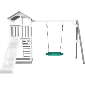 Axi Beach Tower Spielturm mit Nestschaukel und Rutsche, grau/weiß. Spielanlage aus Holz mit Schaukel.