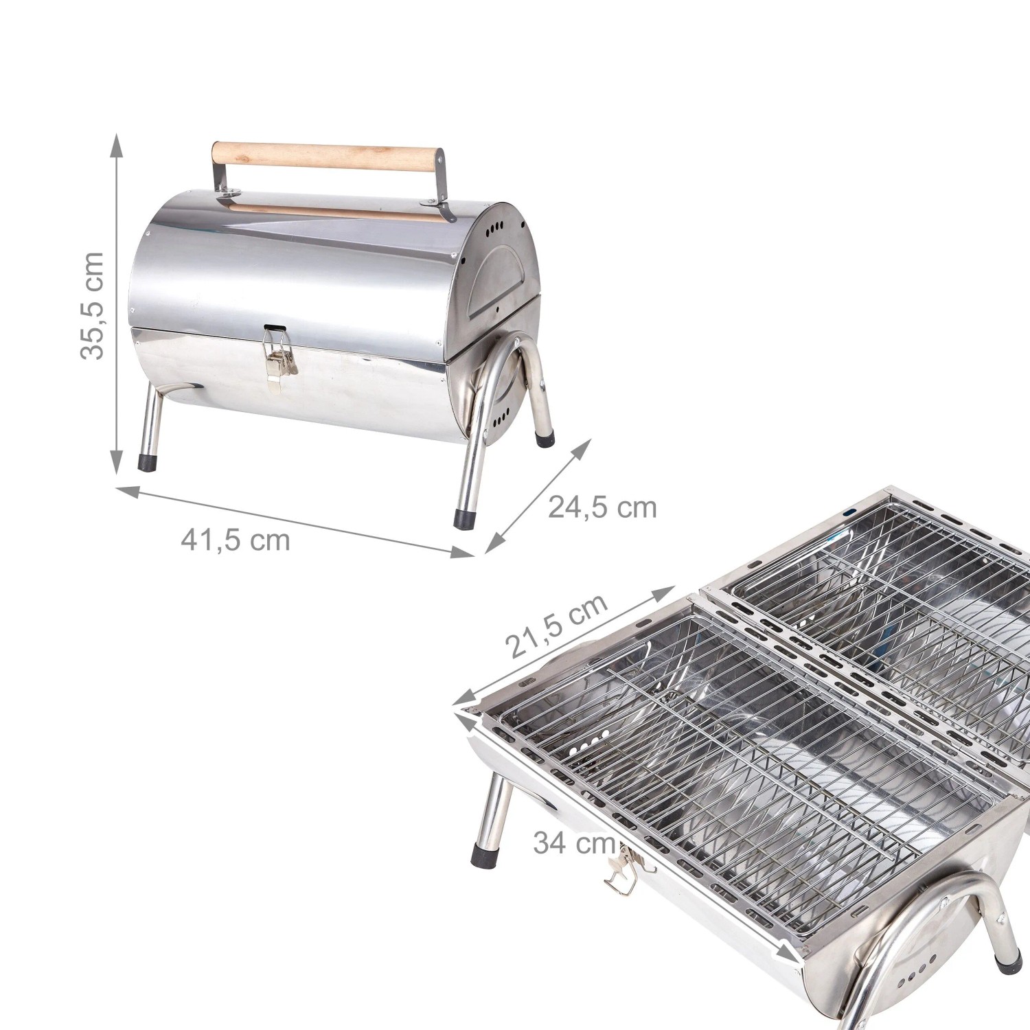 Silberner Edelstahl Tischgrill mit Holzgriff, klappbar, tragbar, mit Deckel und zwei Grillflächen. Ideal für Camping.