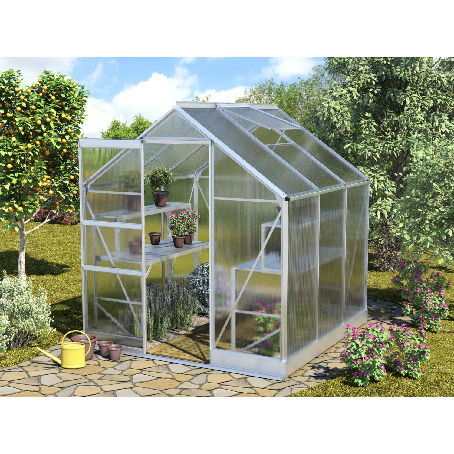 Vitavia Gewächshaus Apollo 3800 mit Stahlfundament, Alu blank, 3,8 m² Fläche. Kleines Modell mit Pflanzen.