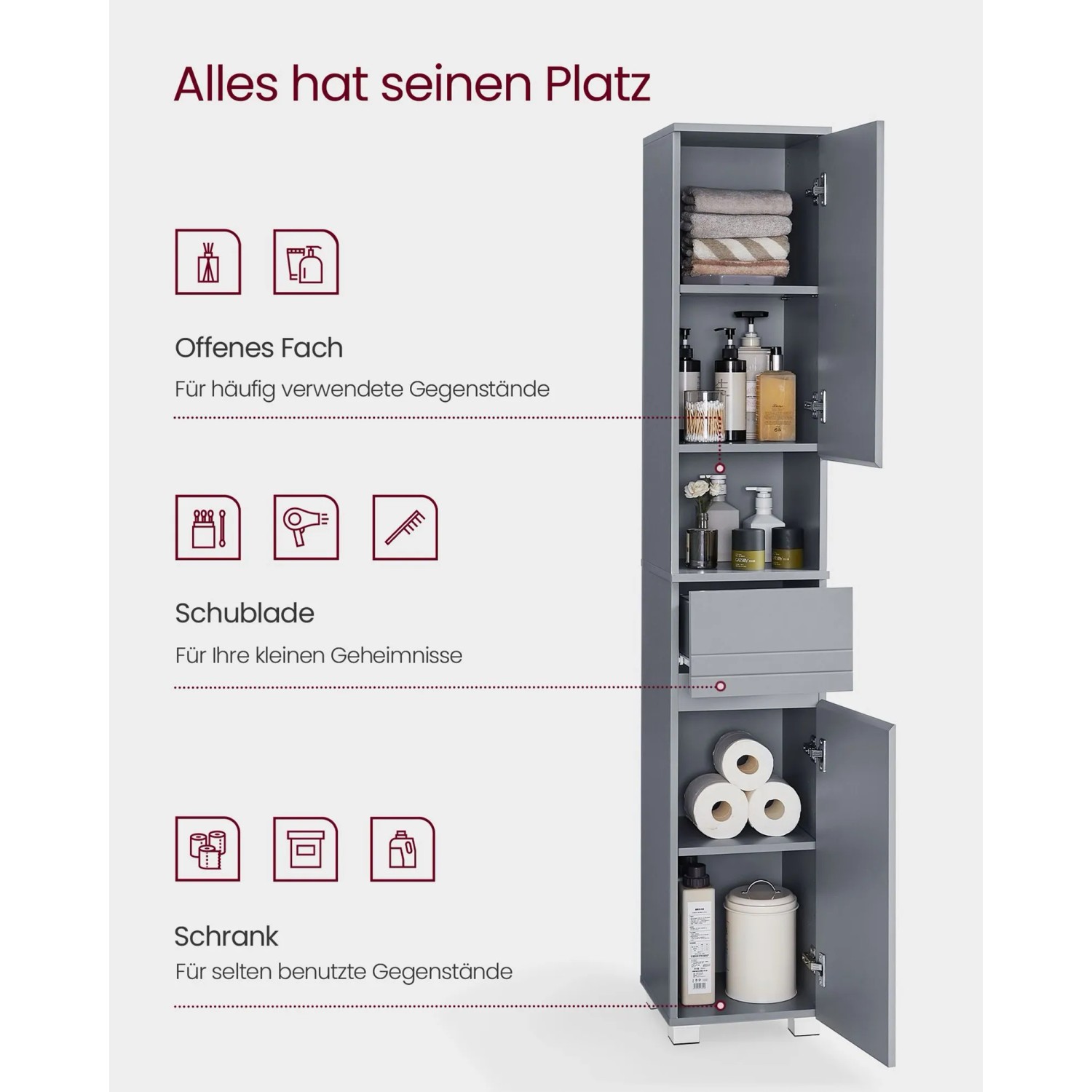 VASAGLE Badmöbel VASAGLE Badezimmerschrank, Aufbewahrungsschrank, Turm Mit 3 Badezimmerschrank Schmal