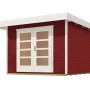 Rotes Weka Holz-Gartenhaus mit Flachdach und Doppeltür. Lasiertes Gartenhaus mit Holzmaserung.