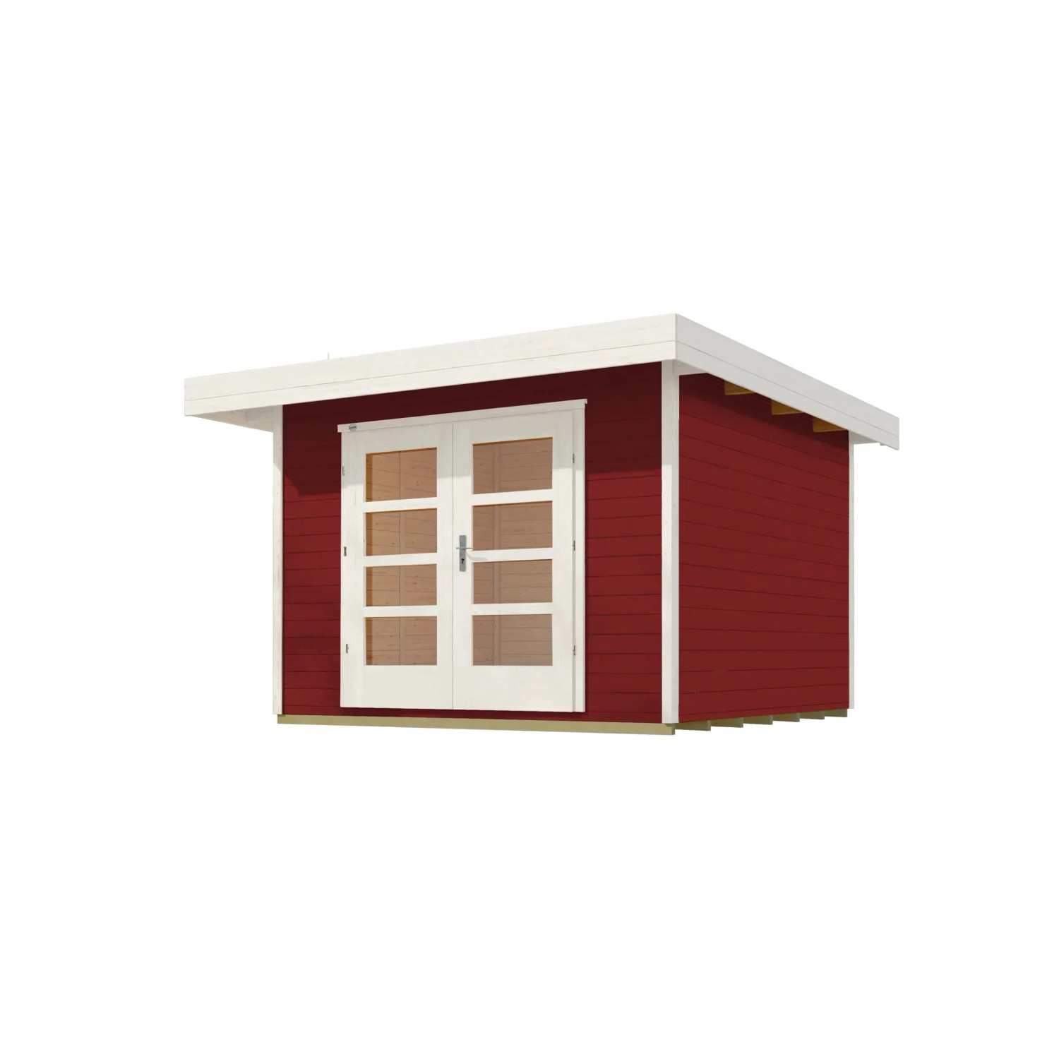 Rotes Weka Holz-Gartenhaus mit Flachdach und Doppeltür. Lasiertes Gartenhaus mit Holzmaserung.