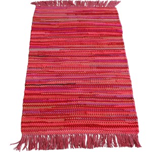 Roter Fleckerlteppich Arlberg, 70x140 cm, handgefertigt mit Fransen. Wollteppich mit Farbbrillanz.