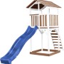 Axi Beach Tower Spielturm mit blauer Rutsche, aus Holz in Braun und Weiß.