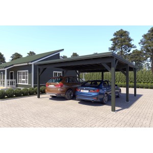 Holzbrüder Doppelcarport Ralf, chromoxidgrün mit Blechdach, zwei Autos parken darunter.
