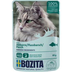 Bozita Katzen-Nassfutter mit Barsch, Häppchen in Gelee, 85g Packung.