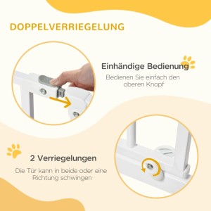 PawHut Türschutzgitter: Doppelverriegelung, einhändige Bedienung und Zwei-Wege-Türfunktion für Haustiere.