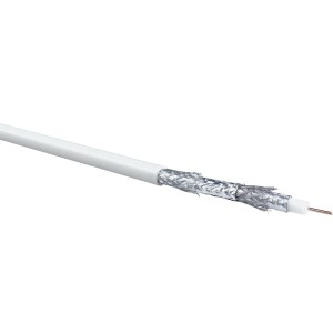 Schwaiger SAT-Koaxialkabel, 10 m, weiß, 115 dB, mit geöffneter Ummantelung.