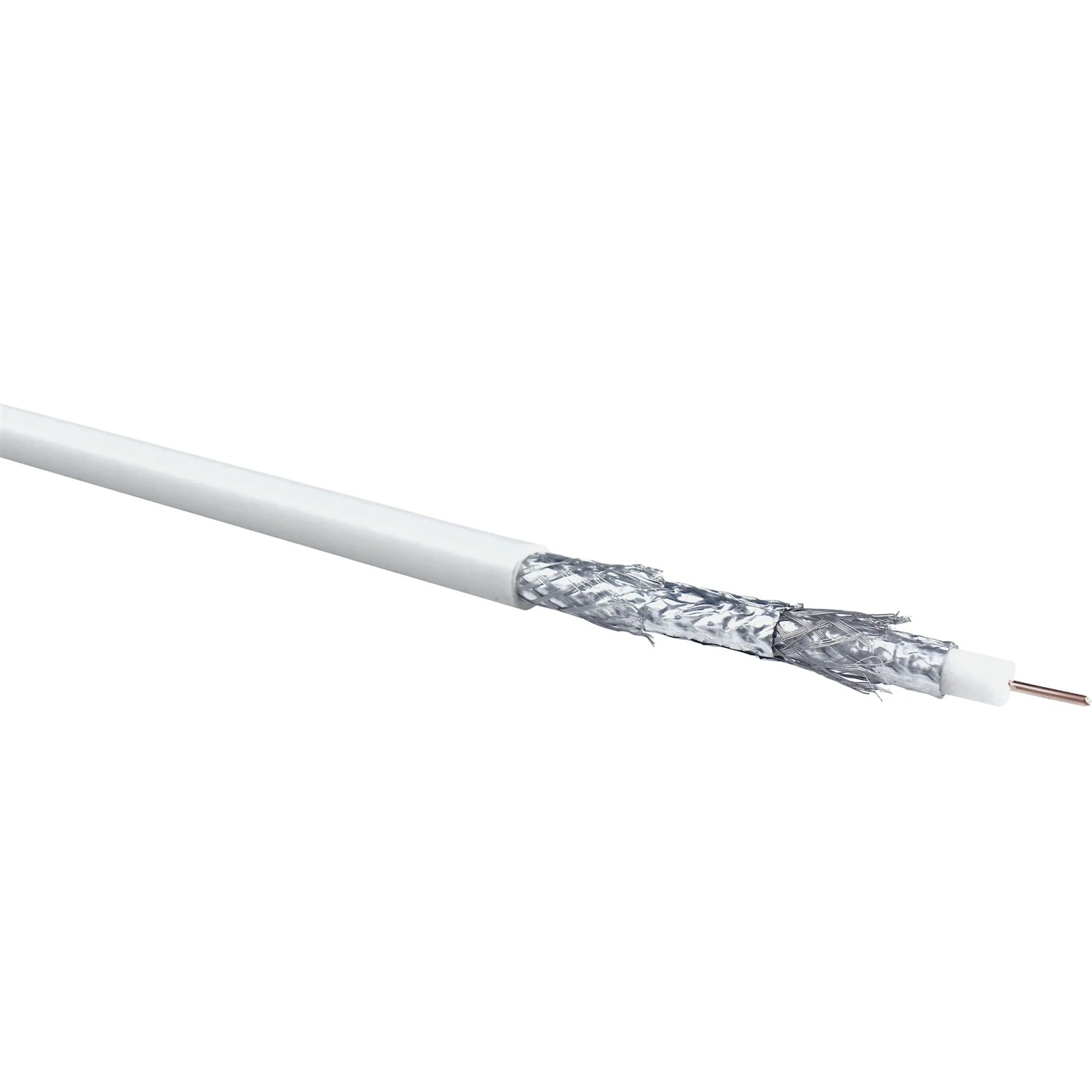 Schwaiger SAT-Koaxialkabel, 10 m, weiß, 115 dB, mit geöffneter Ummantelung.