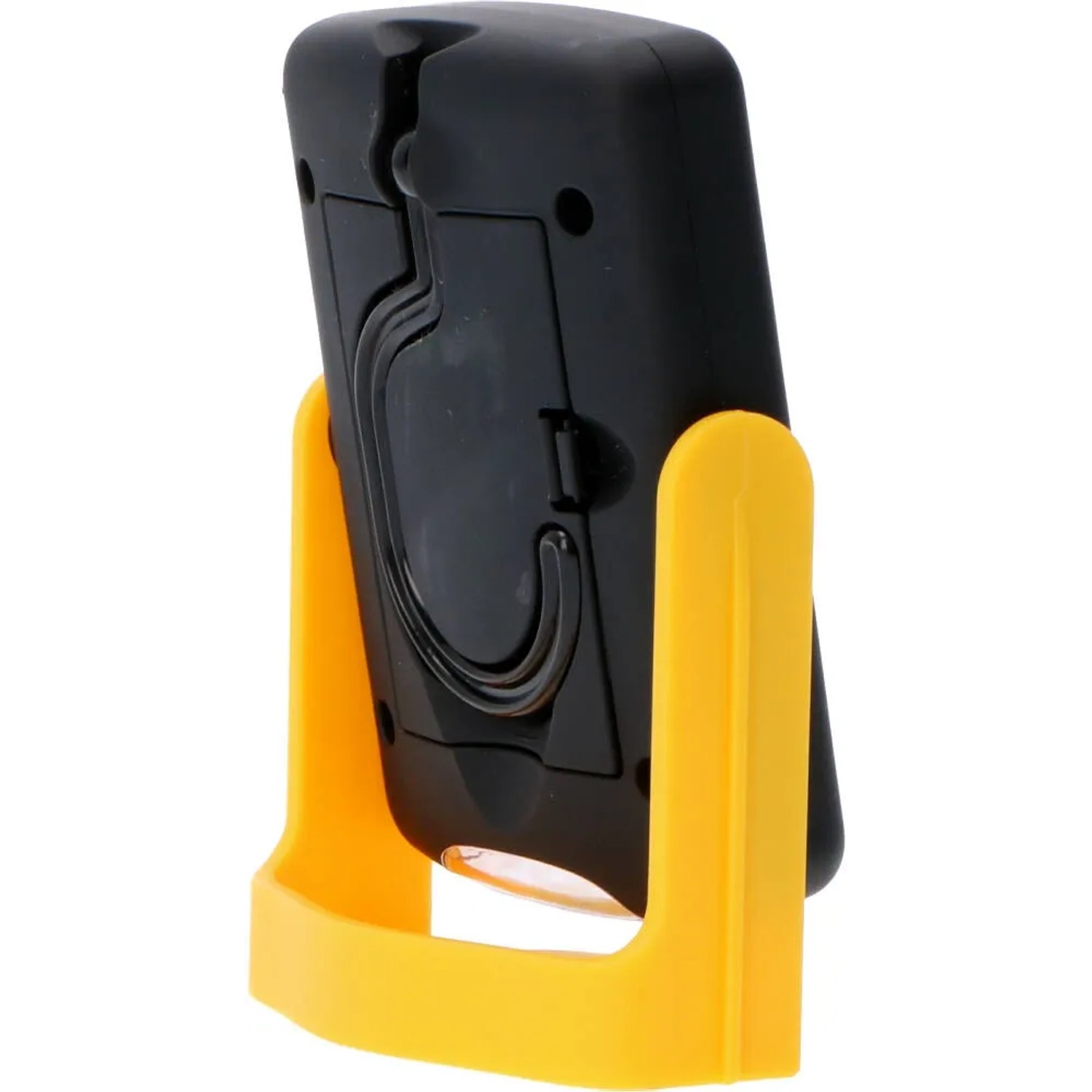 LED's Work LED-Handlampe, 1,4 W, mit gelbem Standfuß und Haken auf der Rückseite.