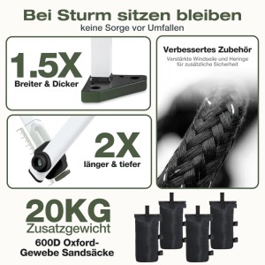 Details zur Stabilität des Sekey Faltpavillons: breitere Füße, verstärkte Gelenke, Windseile, Heringe und 4 Sandsäcke für sicheren Stand.