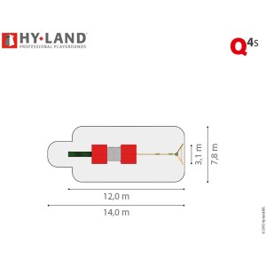 Draufsicht Hy-Land Spielgerät Q4S mit Rutsche und Doppelschaukelanbau, Maße 12x14m.