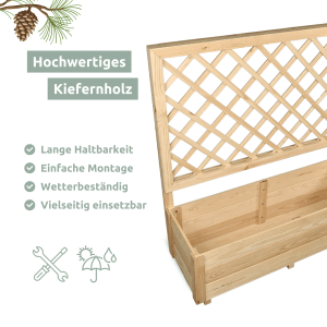 Holzfarbener Pflanzkasten mit Rankgitter aus Kiefernholz, ideal für Rankpflanzen im Garten oder auf dem Balkon.