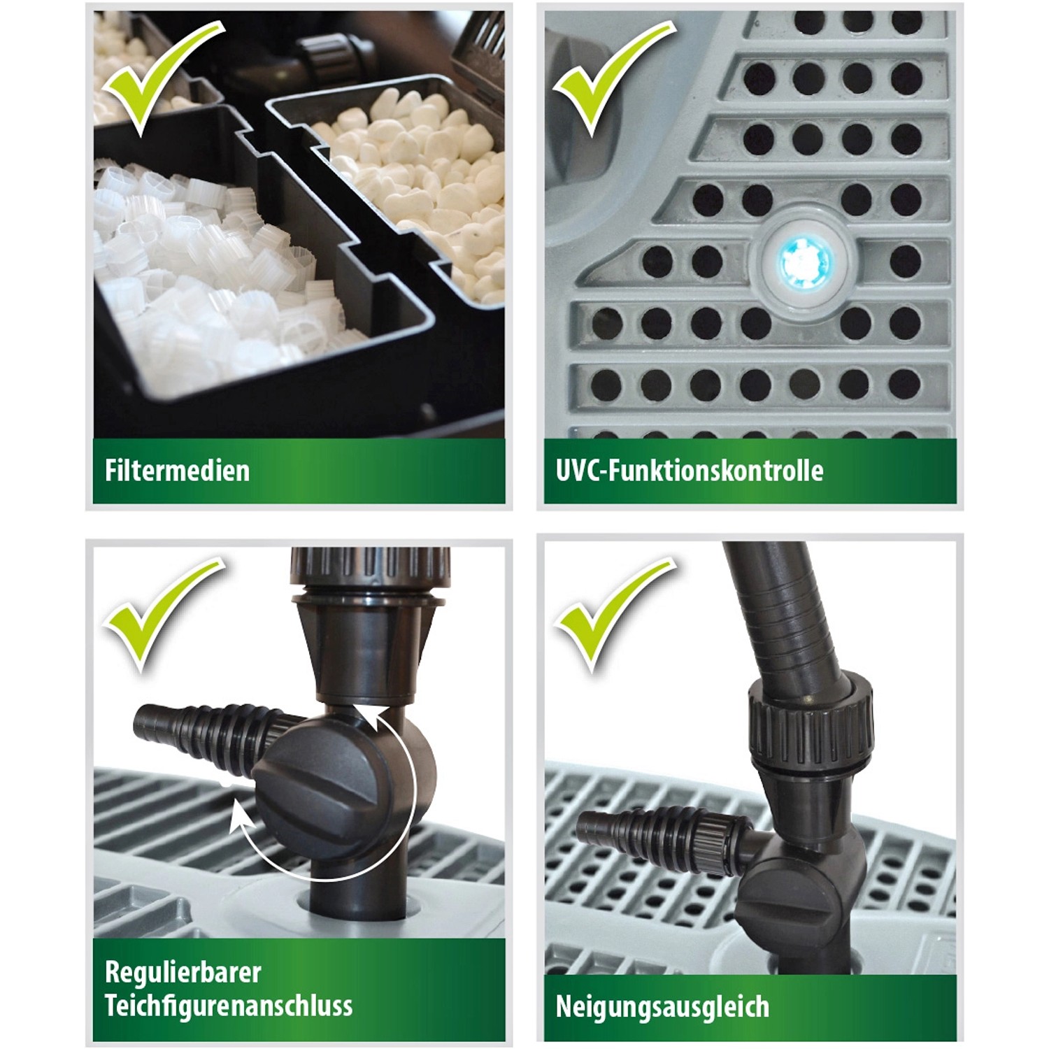 Details des Heissner Unterwasserfilter-Set Smartline FA 2000 UV: Filtermedien, UVC-Kontrolle, Teichfigurenanschluss, Neigungsausgleich.