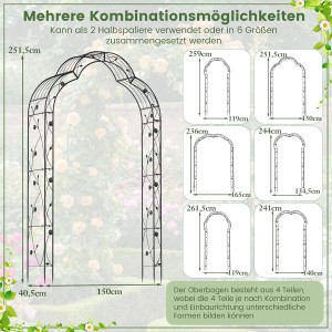 Costway Rosenbogen, halbrunder Gartenbogen, 150x40,5x251,5cm, Rankhilfe für Pflanzen.
