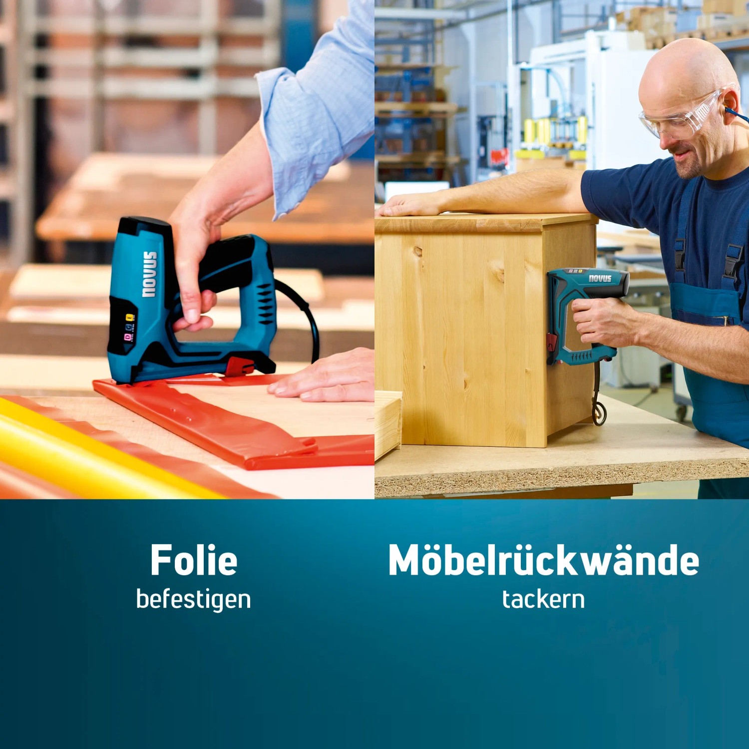 Novus Elektrotacker J-151 beim Befestigen von Folie und Möbelrückwand.