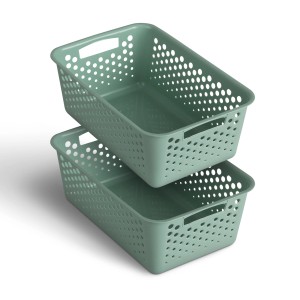 Zwei grüne ProHome Aufbewahrungskörbe (5L, 30x20 cm) aus Kunststoff, gestapelt.