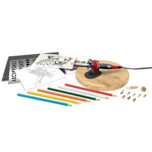 Weller Brandmalerei-Set Projekt, 28-teilig mit Lötkolben, Spitzen, Vorlagen, Stiften und Ablage.