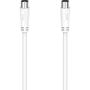 Weißes Hama Antennenkabel, Koax-Stecker zu Koax-Kupplung, 5m, 90 dB Schirmung.
