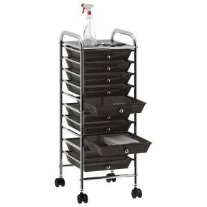Schwarzer vidaXL Schubladenwagen mit 10 Schubladen aus Kunststoff und Chromgestell.