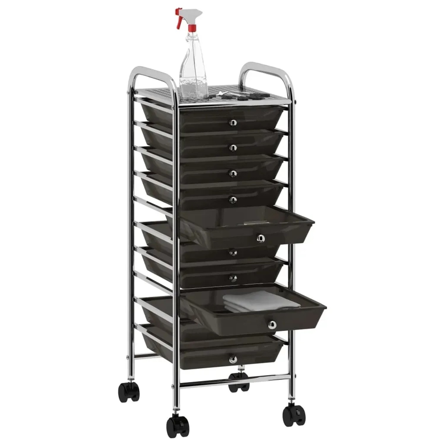 Schwarzer vidaXL Schubladenwagen mit 10 Schubladen aus Kunststoff und Chromgestell.