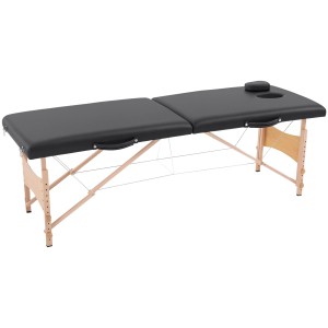 Mobile, höhenverstellbare Massageliege von HOMCOM mit schwarzer Polsterung und Holzgestell.