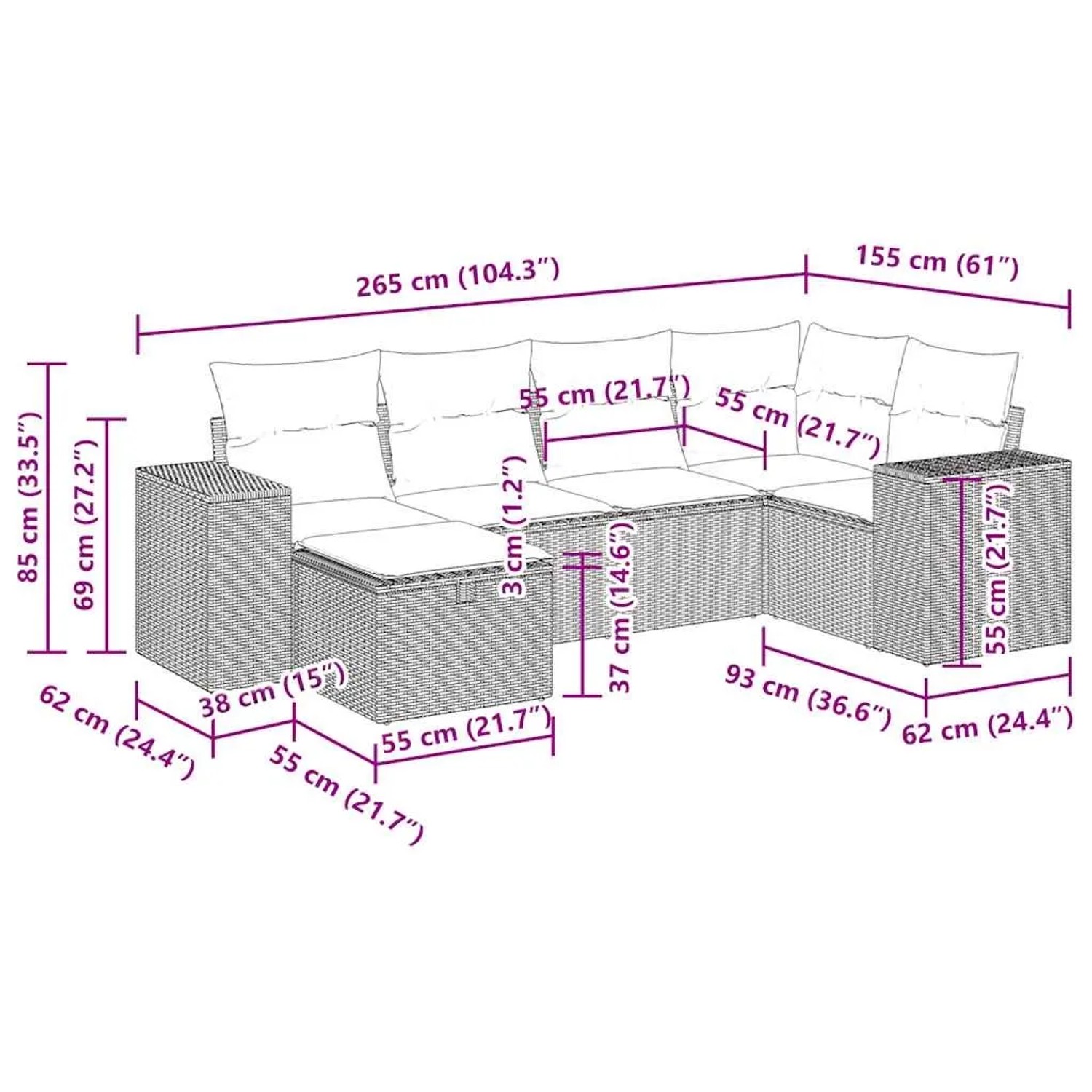 vidaXL 6-Tlg. Garten-Sofagarnitur, schwarzes Poly Rattan mit Kissen, Maße eingezeichnet.