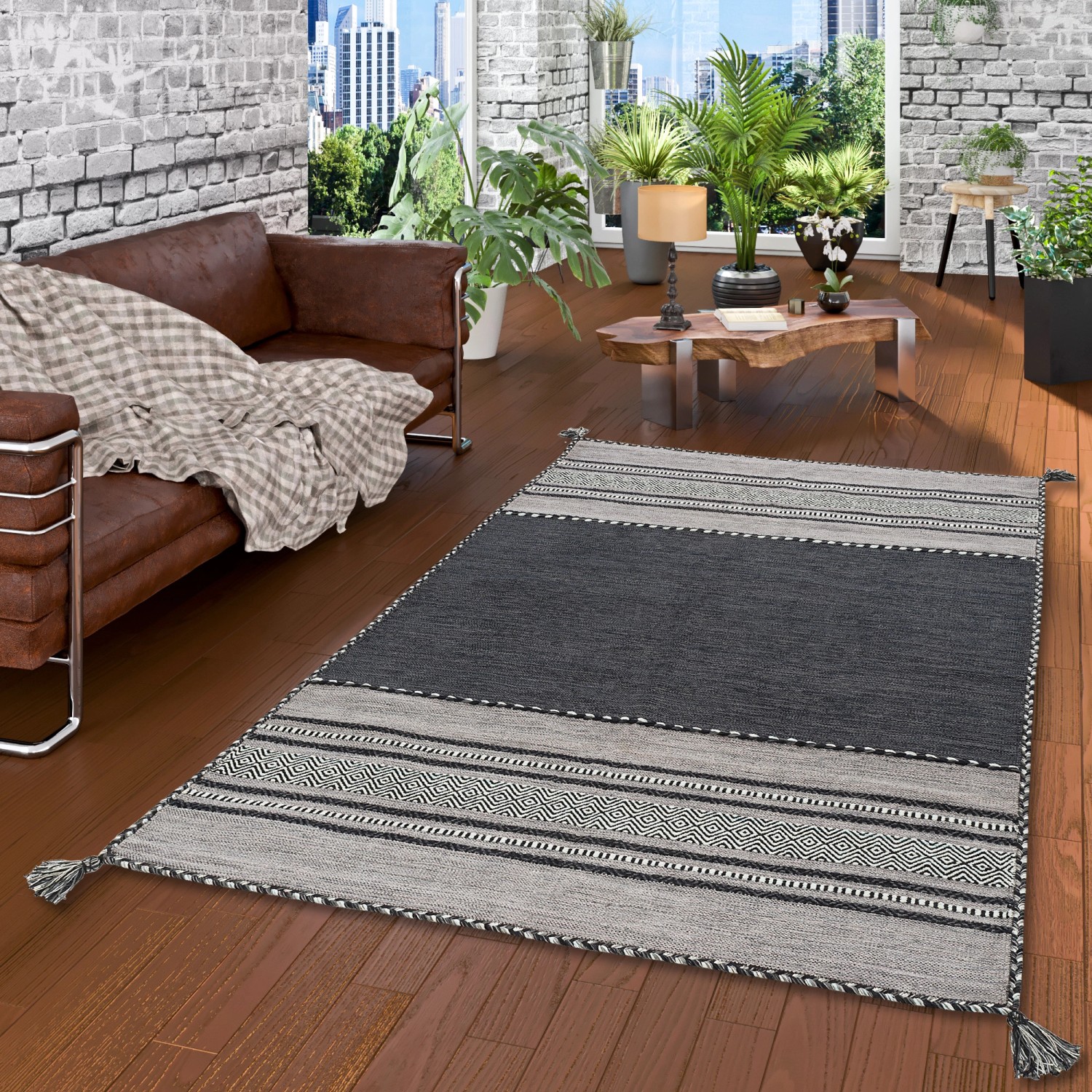 Anthrazitfarbener Kelim Teppich "Navarro" 120x180cm von Pergamon Natur. Kurzflorteppich mit Muster.