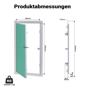Technische Zeichnung der Wiltec Revisionsklappe 30x60 cm mit Aluminiumrahmen und Gipskartoneinlage, zeigt Maße und Gewicht.