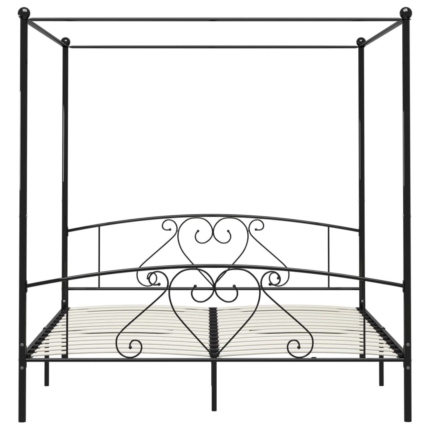 Schwarzes vidaXL Himmelbett-Gestell aus Metall, 200x200 cm, mit Lattenrost und Herz-Design am Kopfteil.