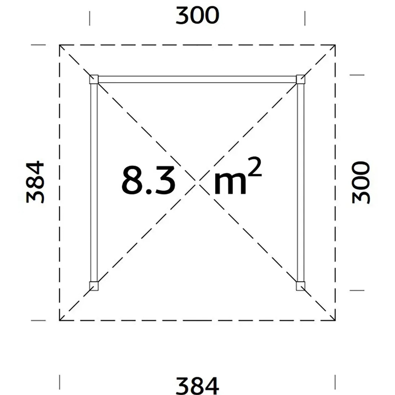 Draufsicht Palmako Holz-Pavillon Bianca, 8,3 m², Maße 384x384 cm, ideal für den Garten.
