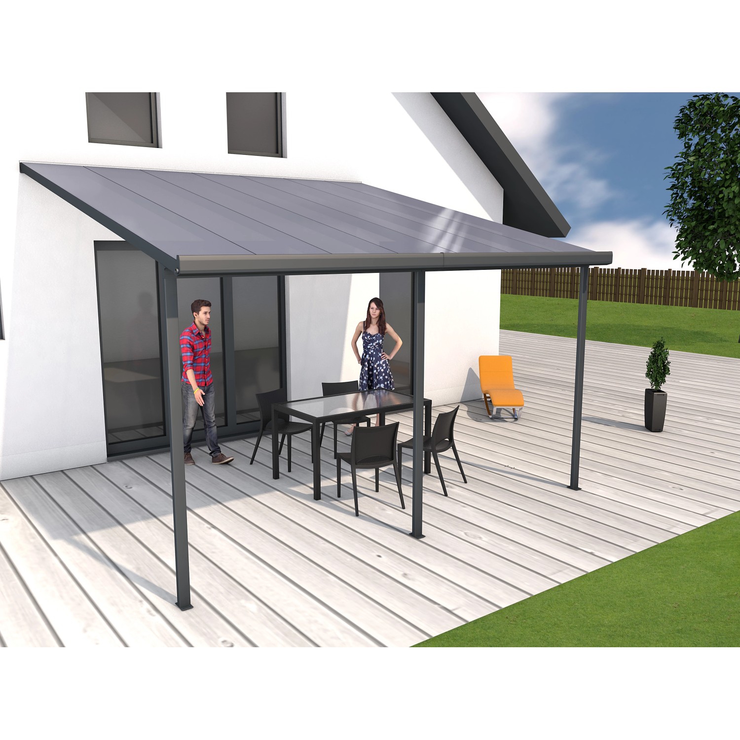 Anthrazit Terrassenüberdachung Bausatz 426x406 cm mit Polycarbonatplatten und Aluminiumkonstruktion.