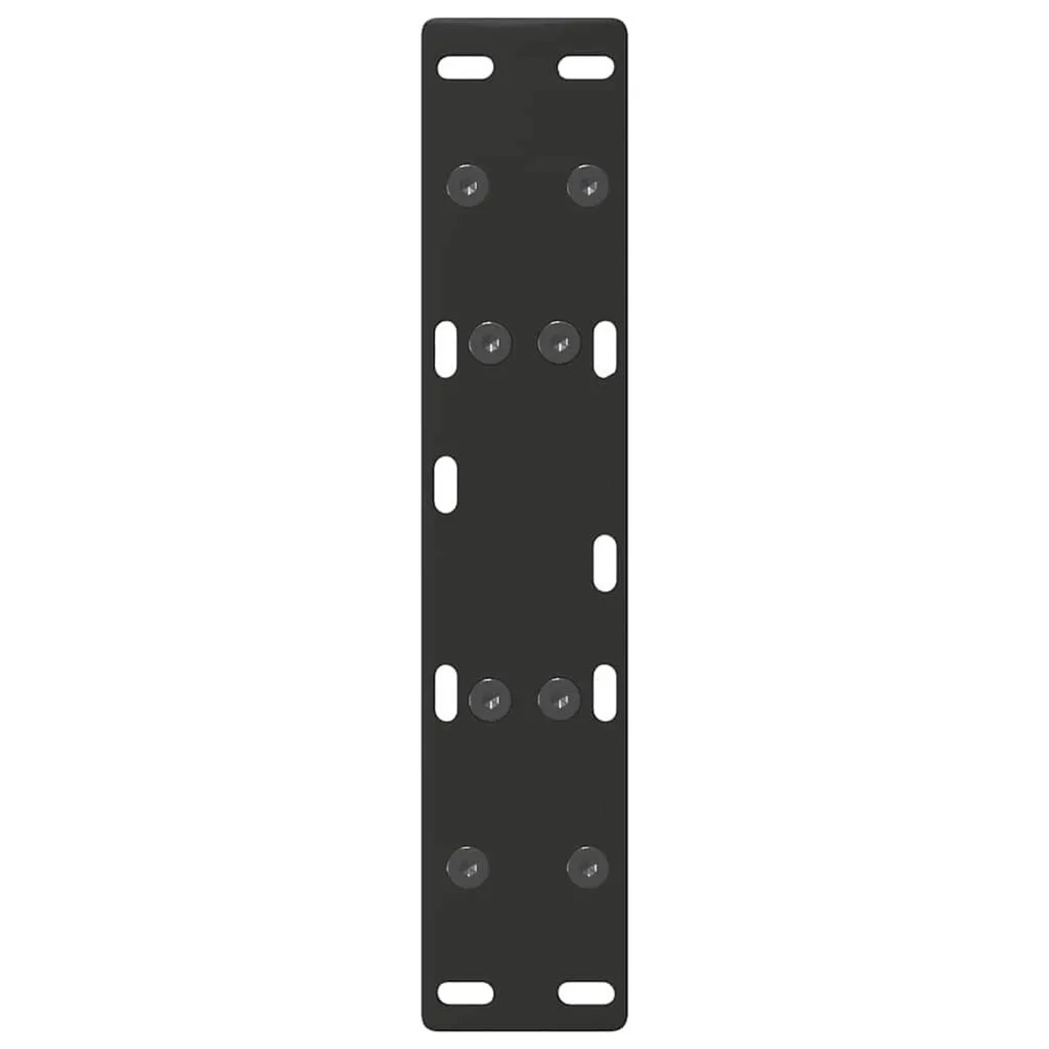 Schwarze Stahl-Montageplatte für A-förmige Couchtischbeine, mit vorgebohrten Löchern.