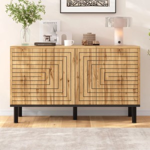 Modernes Sideboard in heller Holzoptik mit Wellenmuster, 3 Türen und schwarzen Beinen im Wohnzimmer.