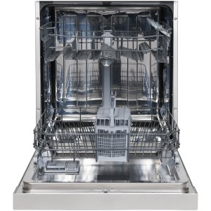 Offener Telefunken Geschirrspüler (60cm) in Silber mit 2 Spülkörben für 12 Maßgedecke.