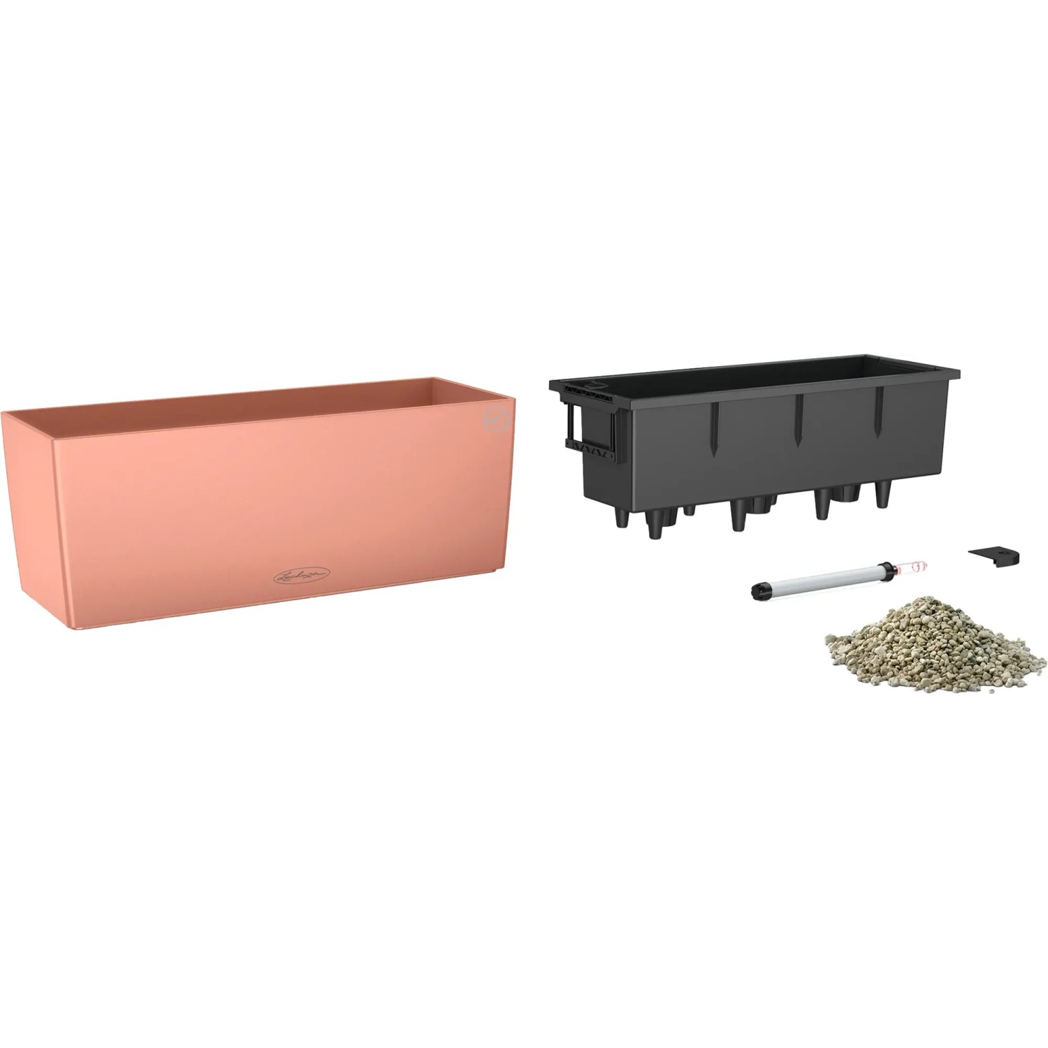 Lechuza Balconera Color 50 Blumenkasten, korallrot, mit Pflanzeinsatz und Bewässerungssystem.