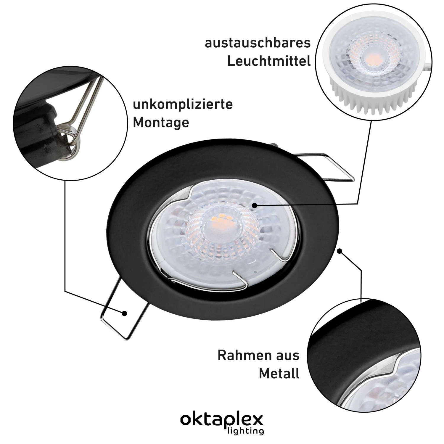 Oktaplex Sedan LED Einbaustrahler, 12er Set, schwarz, warmweiß, dimmbar. Deckenspot Details.