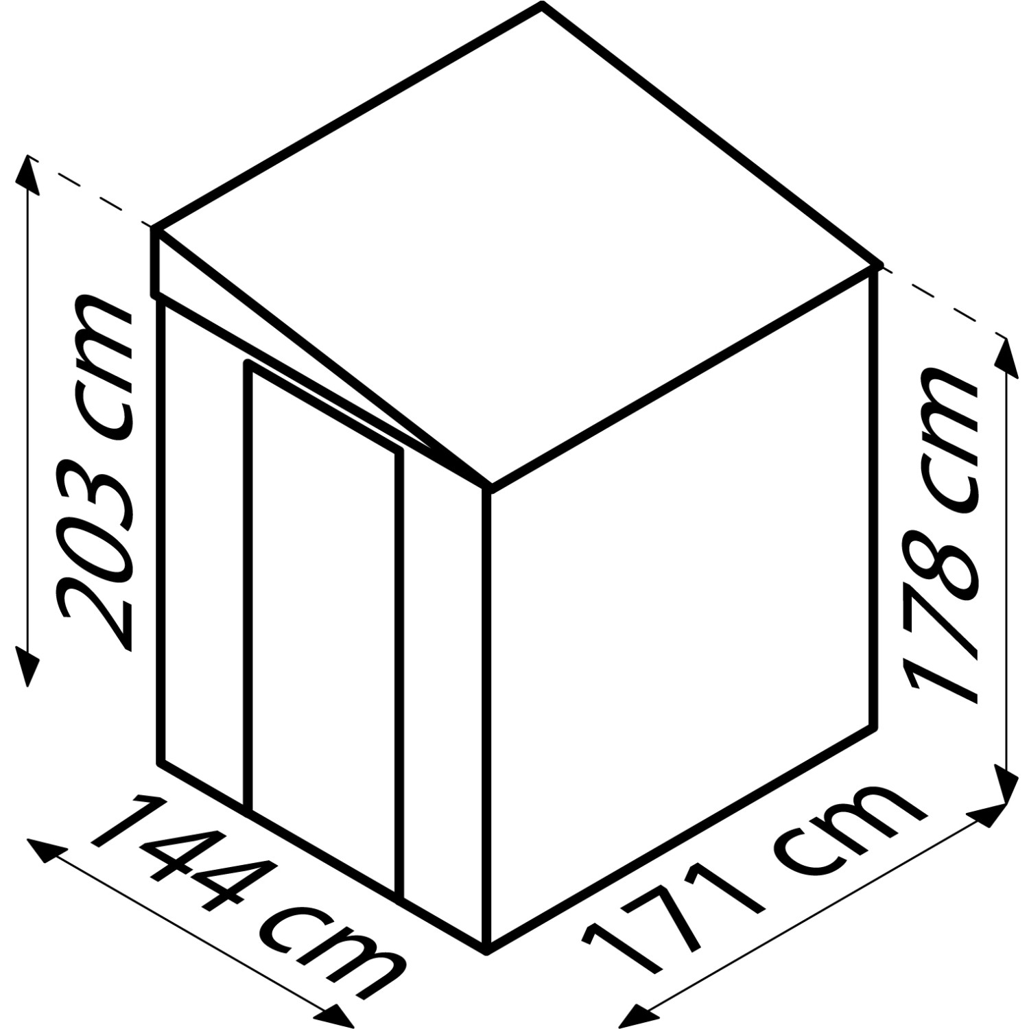 Skizze des Globel Metall-Anlehngerätehauses Lean-To 56, B 144 x T 171 cm, in Anthrazit mit Maßangaben.