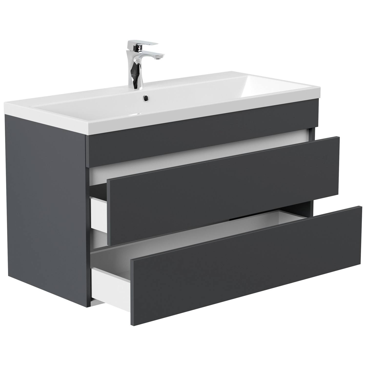 Posseik Badmöbel Fellini 100 in Grafit mit Waschbecken und zwei grifflosen Schubladen.
