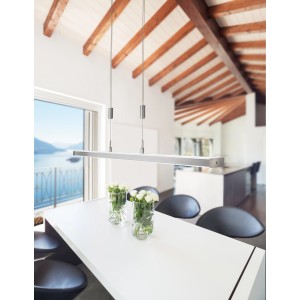 Moderne Fischer & Honsel LED-Pendelleuchte Vitan in Nickel über Esstisch mit Blumendeko.