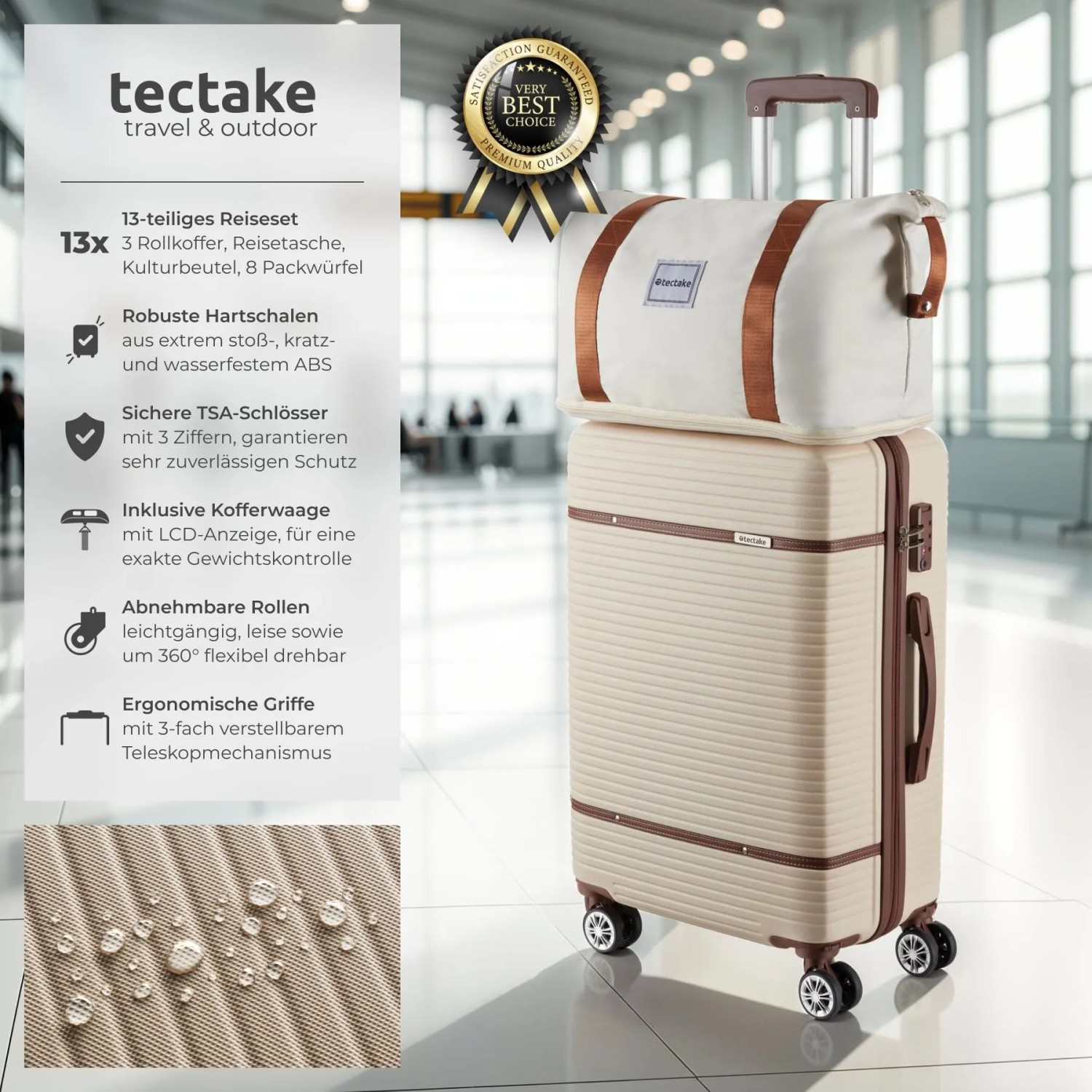 Tectake Reisekofferset Madison 13 Teilig Hartschalen Aus Robustem Abs Kunststoff Tsa Sicherheitszahlenschloss 30 x 49 x 76 cm Creme_2