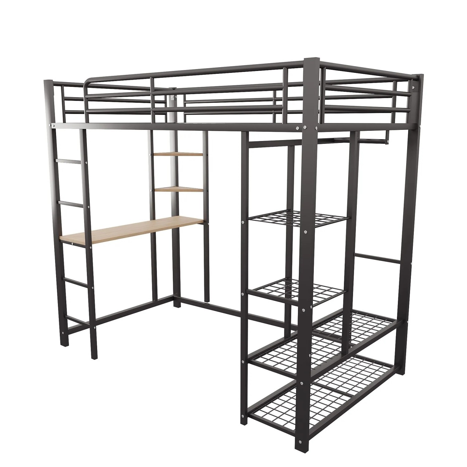 okwish Hochbett 90x200cm mit Leiter Tisch Ablagefächern Kinderzimmer Schwarz ohne Matratze