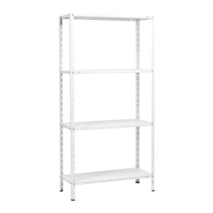 Weißes Metall-Schraubregal, 150x75x30 cm, mit 4 Böden. Ideal für Keller, Garage oder Werkstatt.