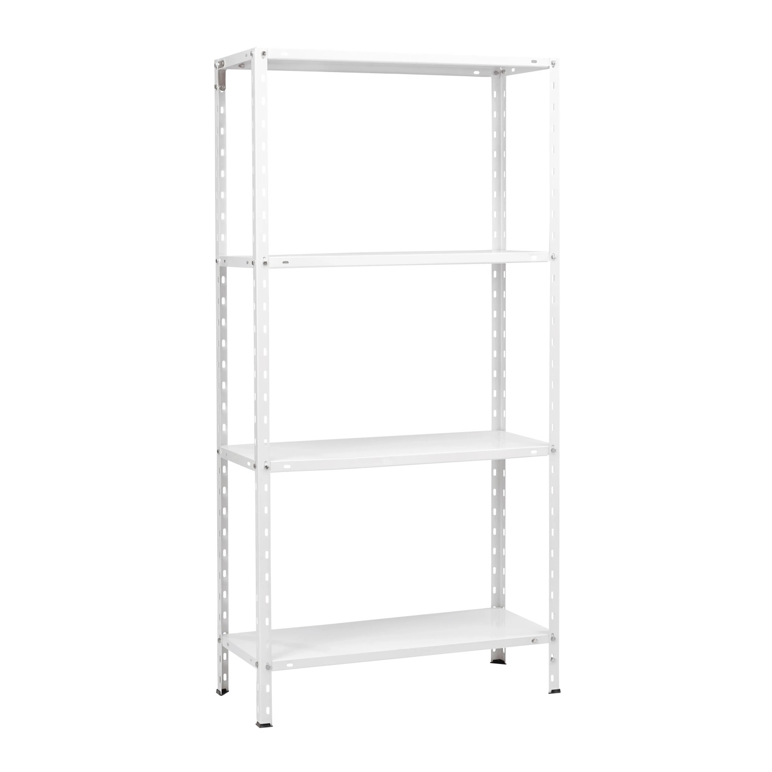 Weißes Metall-Schraubregal, 150x75x30 cm, mit 4 Böden. Ideal für Keller, Garage oder Werkstatt.