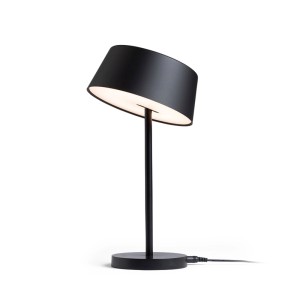 Schwarze Rendl LED Tischleuchte Praha mit neigbarem Schirm und Dimmfunktion. Klassisches Metall-Design für Innenräume.