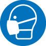 Symbol: Gesicht mit Mundschutz in blauem Kreis. Arbeitsschutz.